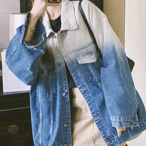 Gradient Blue Denim Jacket Women Long Sleeve Single Breasted Streetwear Loose Jackets Coat