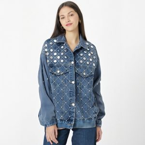 Women's Denim Coat Big Sequins Pearls Plaid Shape Rhinestone Diamonds Female Jackets