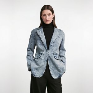 Women's Denim Blazer Washed Blue Vintage Diamonds Rhinestone Single Button Suit Jackets