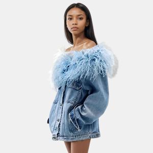 Women's Fashion Feather Patchwork Slash Neck Single Breasted Denim Coats New Items Loose Jackets