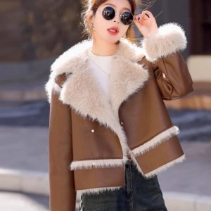 Motorcycle Cool Fur Coat Patchwork Lapel Faux Deer Velvet Warm Fashion Long Sleeve Jackets
