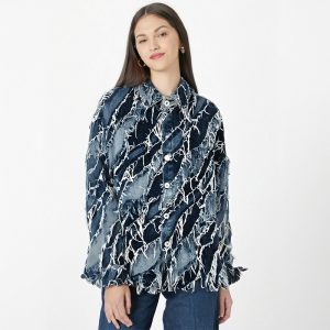 Women's Denim Coat Long Sleeve Patchwork Washed Burrs Tassel Long Sleeve Blue Jackets