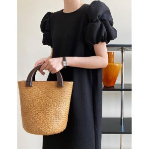 Puff Sleeves Women Dresses Round Neck Solid Straight Casual Dresses