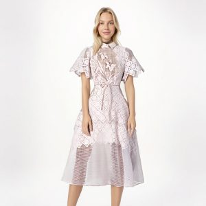 Evening Dresses Collar Short Sleeve Embroidery Hollow Out Midi Dresses Retro Style High Waist Elegant Party Dresses Woman