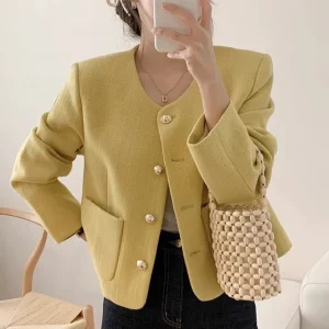 Chic Single Breasted Tweed Jacket For Women Long Sleeve Double Pocket Jackets Coat  Autumn Winter New