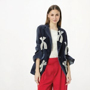 Women's Denim Blazer Big Diamonds Bows Decoration Single Buttons Washed Black Suit Jackets