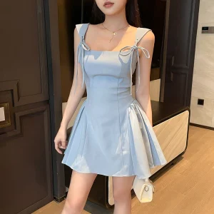 Women's Elegant Directional Design Dresses New Short Petite Wide Straps Tie Waisted A Hem Dresses