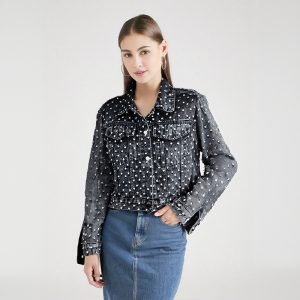 Women's Denim Coat Diamonds Black Washed Single Breasted Long Sleeve Distressed Jackets