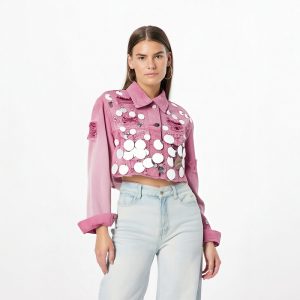 Women's Denim Coat Patchwork Sequins Broken Holes Diamonds Short Single Breasted Jackets